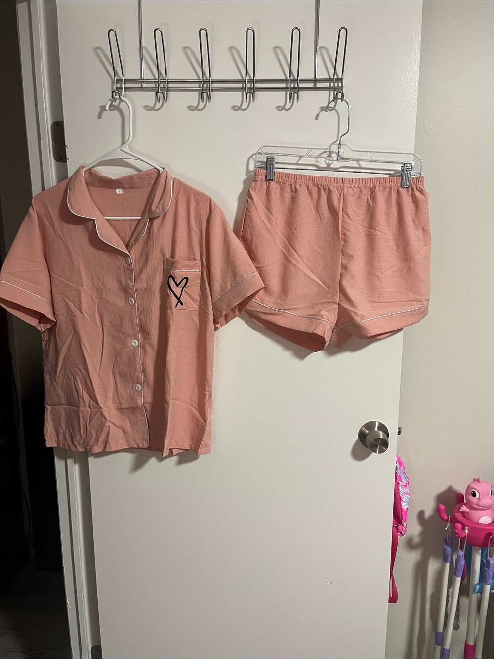 Women's Pink Short Sleeve Button Down Shirt & Short Pajama Set with Heart Accent